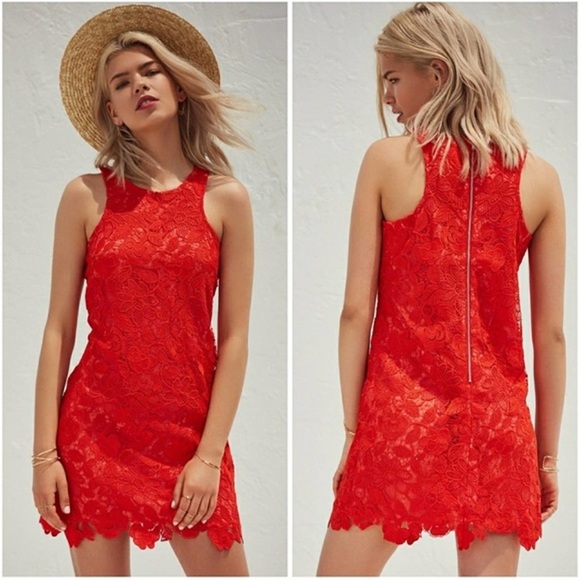 Lovers + Friends Caspian Shift Mini Dress Red Lace Overlay Scalloped Cocktail L - Picture 1 of 14